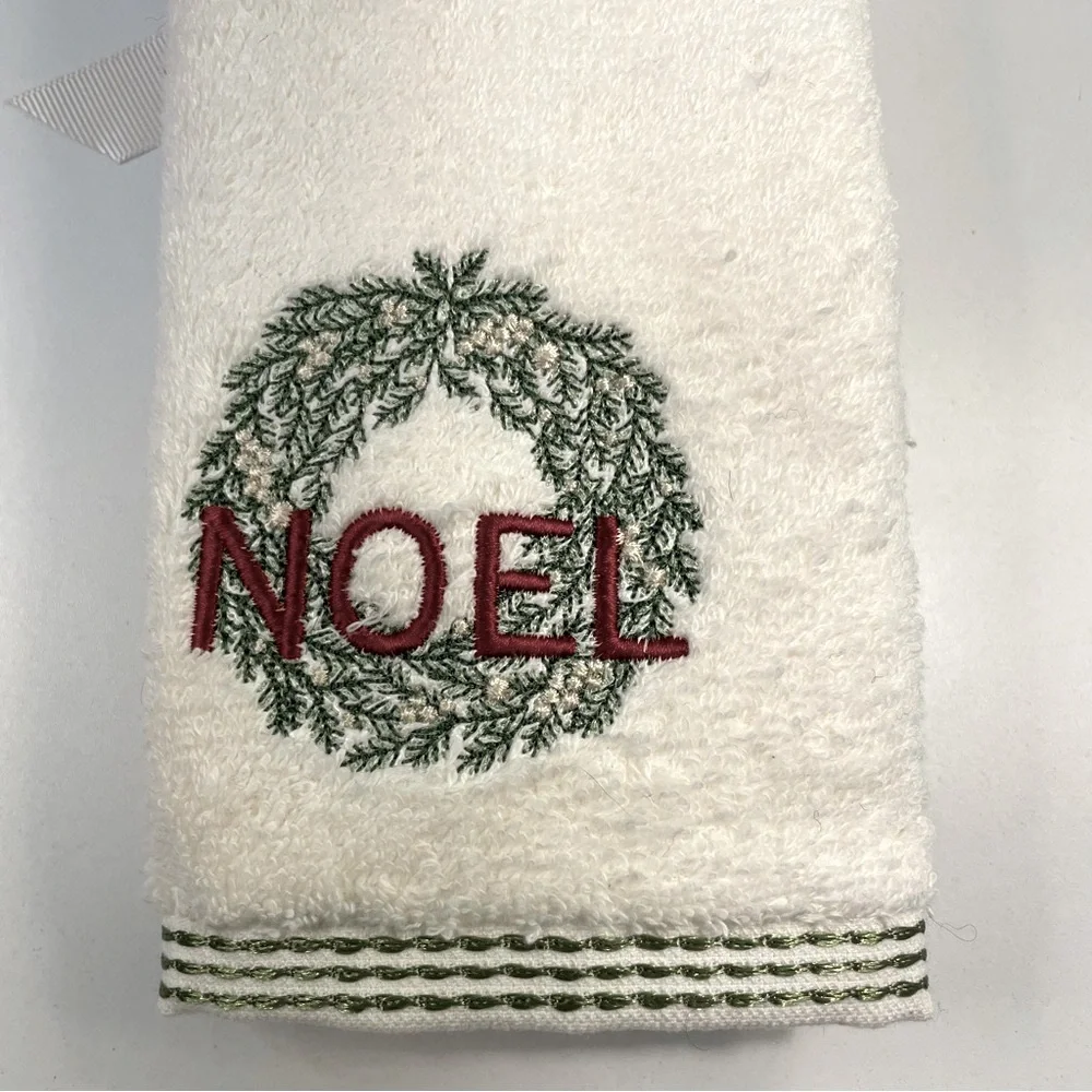 Well Dressed Home Cream Hand Towel with Noel Embroidery Set of 2 NWT